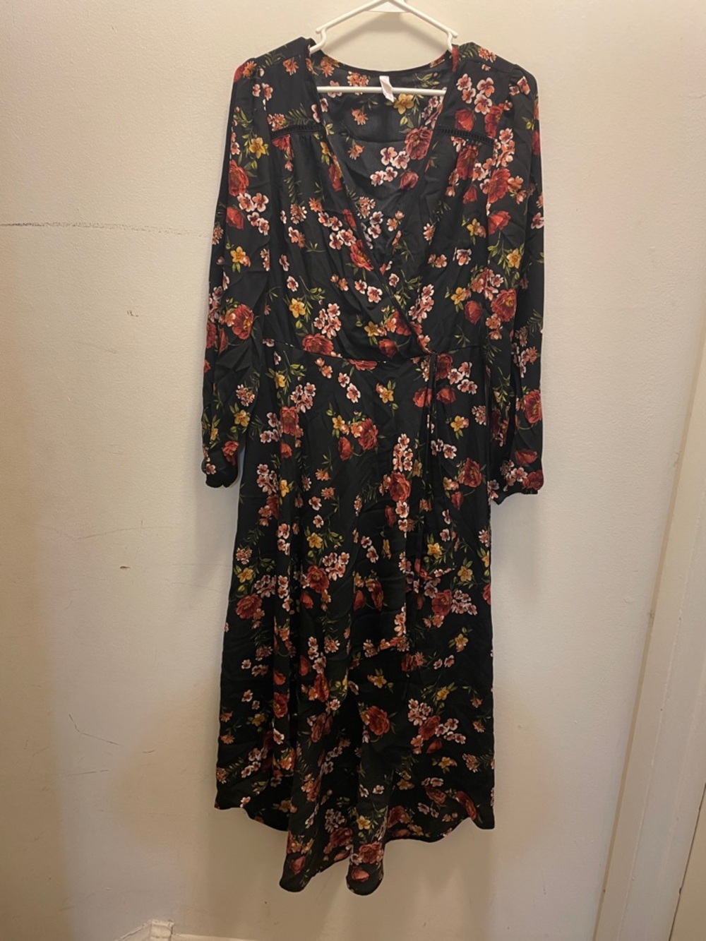 Xhilaration Black Floral Wrap Midi Dress with Burgundy & Pink Blooms